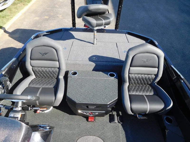 Slide: The Image of 2024 Vexus VXS 20 boat interior with two gray seats and a central console. - 3