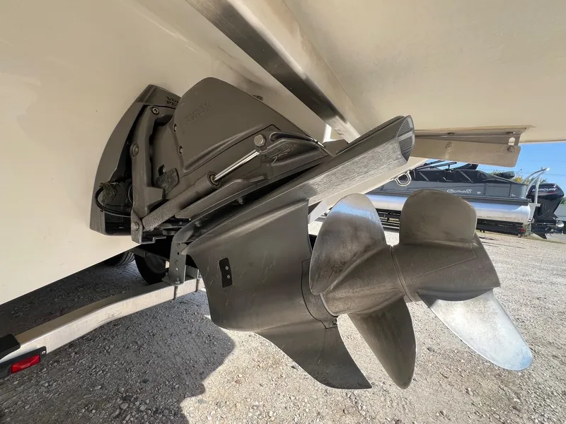 Slide: The Image of Close-up of a 2016 Cobalt R30 boat propeller and drive system. - 9