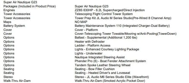 Slide: The Image of 2025 Nautique Super Air Nautique G23 features and options list. - 13