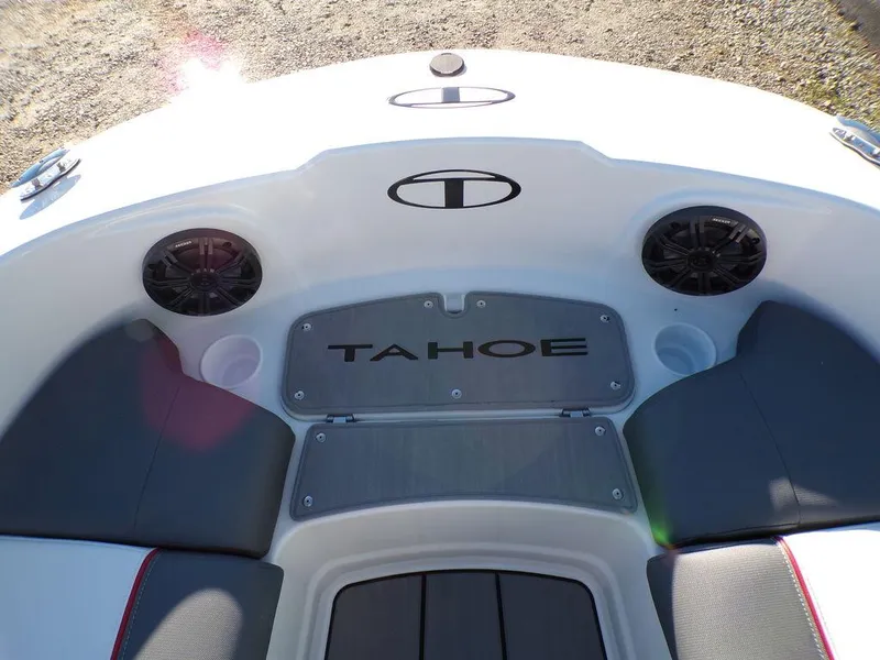 Slide: The Image of 2025 Tahoe T21 boat interior with speakers and logo. - 25