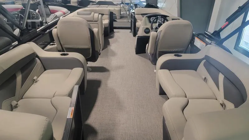 Slide: The Image of 2022 Barletta C20QC pontoon boat interior with spacious seating and modern design. - 8