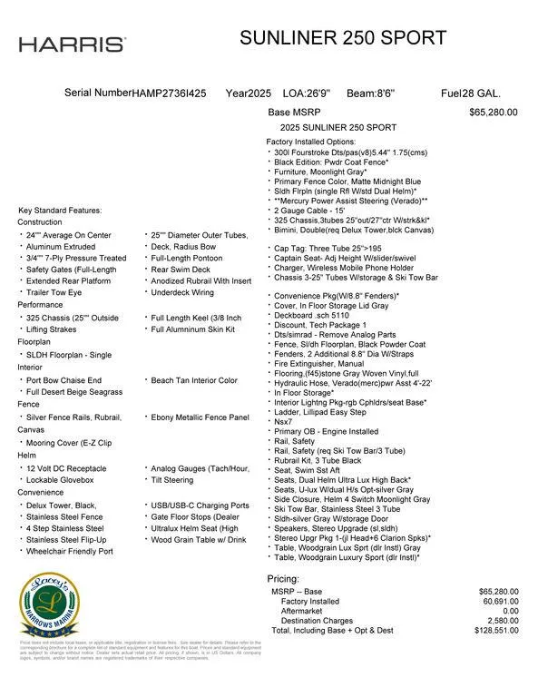 Slide: The Image of Harris SUNLINER SP 250 2025 features and pricing details on a specification sheet. - 19