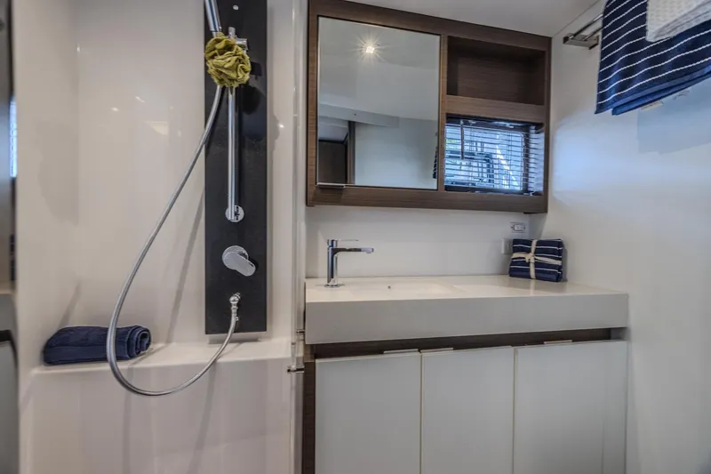 Slide: The Image of Luxurious bathroom in 2024 Leopard 53 Powercat yacht with modern fixtures and sleek design. - 31