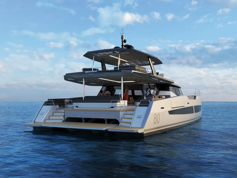The Image of Luxury 2025 Fountaine Pajot Power 80 yacht cruising on open sea. - 0