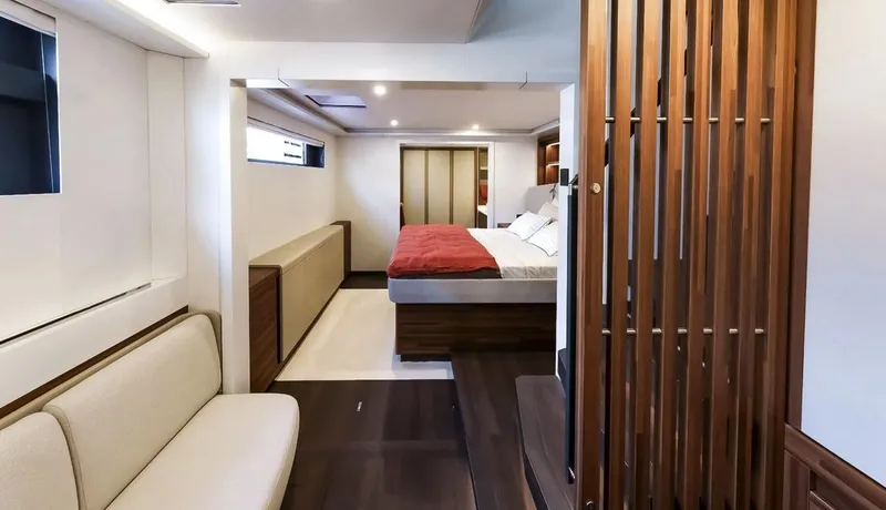Slide: The Image of Luxurious interior of 2025 Fountaine Pajot Power 80 yacht with modern bedroom design. - 18