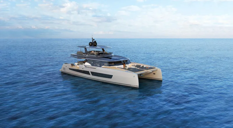 Slide: The Image of Luxurious 2025 Fountaine Pajot Power 80 yacht cruising on open sea. - 3