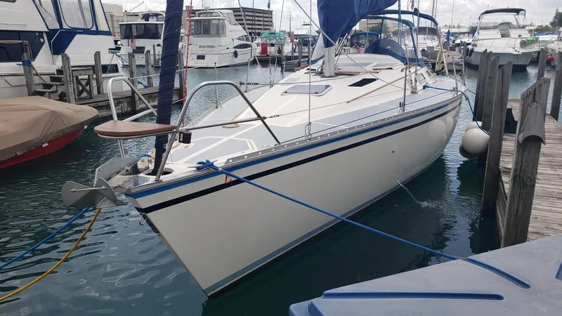 The Image of 1989 Hunter Legend 37 sailboat docked in a marina, surrounded by other boats. - 0