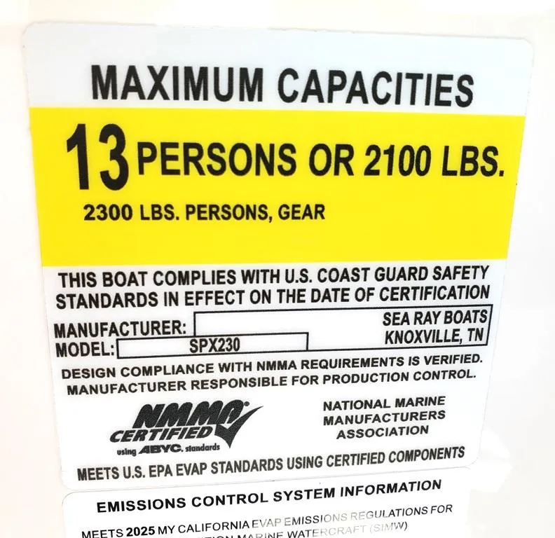 Slide: The Image of 2025 Sea Ray SPX 230 capacity label: 13 persons or 2100 lbs, NMMA certified. - 25