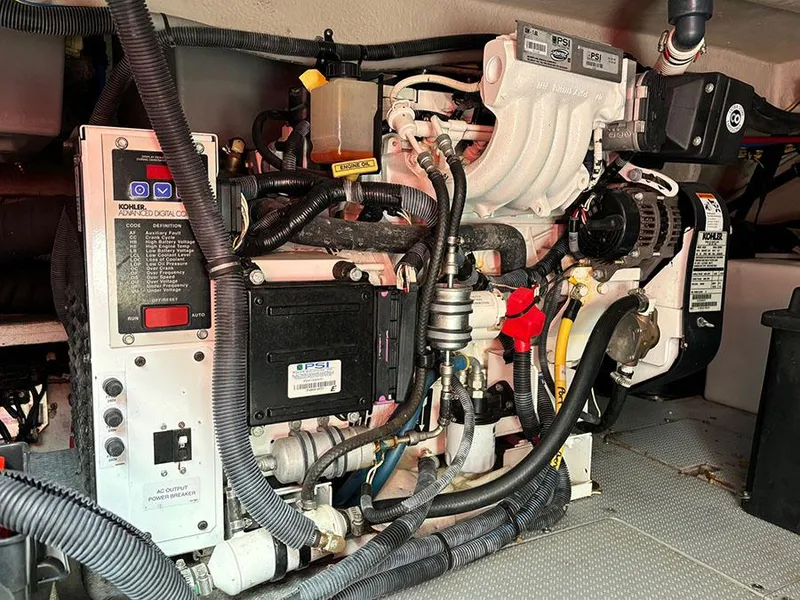 Slide: The Image of Engine compartment of a 2011 Meridian 391 Sedan boat, showcasing detailed mechanical components. - 13
