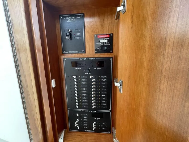 Slide: The Image of Electrical panel inside 2016 Jarrett Bay 32 Walk Around boat, featuring AC and DC systems. - 19
