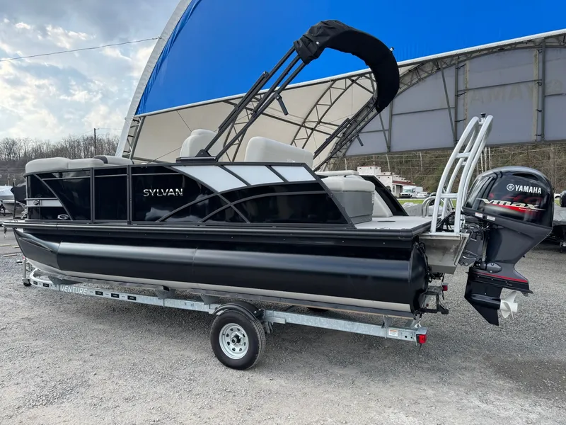 Slide: The Image of 2025 Sylvan 8520 CLZ DH pontoon boat with Yamaha outboard motor. - 20