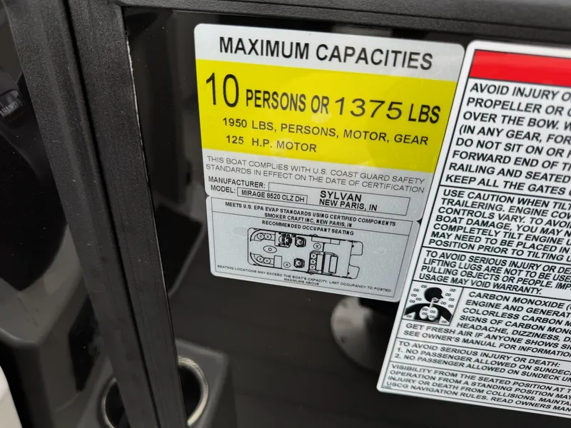 Slide: The Image of Sylvan 8520 CLZ DH boat capacity: 10 persons or 1375 lbs, year 2025. - 7