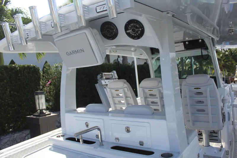 Slide: The Image of Interior view of 2023 HCB 42 Lujo boat with Garmin equipment. - 12