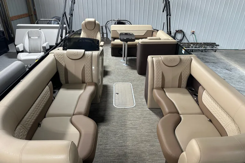 Slide: The Image of Luxurious interior of 2025 Godfrey MONACO 235 SFL pontoon boat with plush seating. - 4