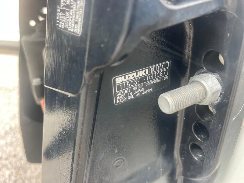 Slide: The Image of Close-up of Suzuki motor label on 2021 May-Craft 19 Cape Classic boat. - 10