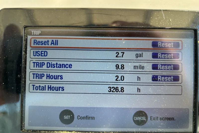 Slide: The Image of Boat trip display showing fuel usage, distance, and hours for 2016 Robalo R222 Center Console. - 15