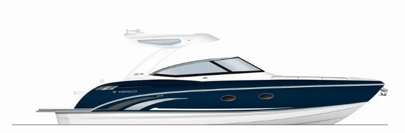 Slide: The Image of 2025 Formula 330 CBR boat, sleek design, blue and white exterior. - 11