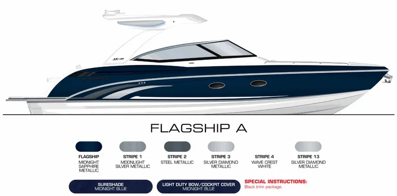 Slide: The Image of 2025 Formula 330 CBR boat design with Flagship A color scheme, featuring midnight blue and silver accents. - 12