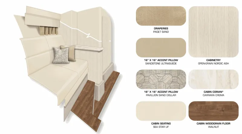 Slide: The Image of Interior design of 2025 Formula 330 CBR with neutral tones and wood accents. - 14