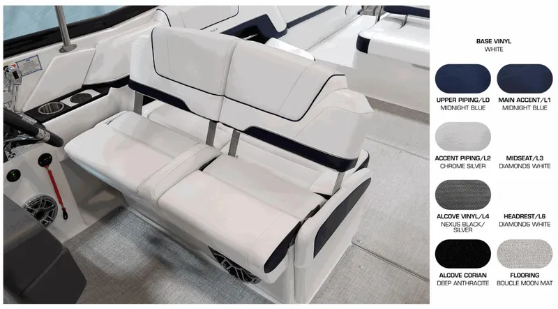 Slide: The Image of 2025 Formula 330 CBR boat interior with white vinyl seating and color options. - 15