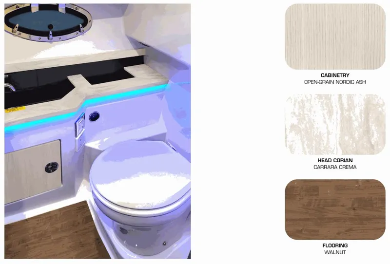 Slide: The Image of 2025 Formula 330 CBR interior with Nordic ash cabinetry, Carrara Crema Corian, and walnut flooring. - 16