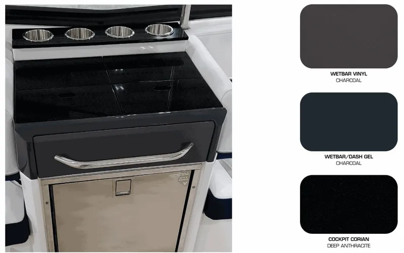 Slide: The Image of 2025 Formula 330 CBR wet bar with charcoal vinyl and Corian countertop. - 17