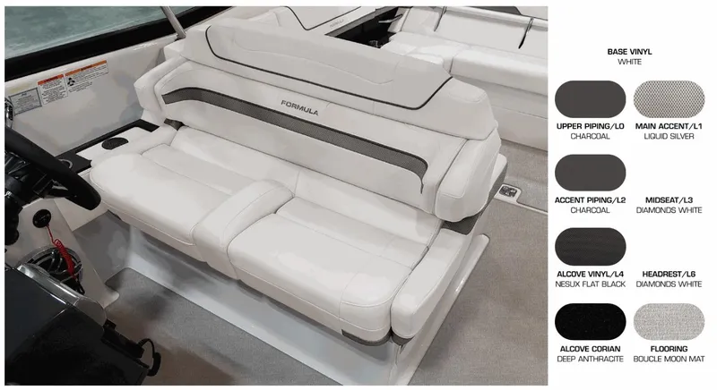 Slide: The Image of 2025 Formula 350 CBR boat interior with white vinyl seating and color options chart. - 5