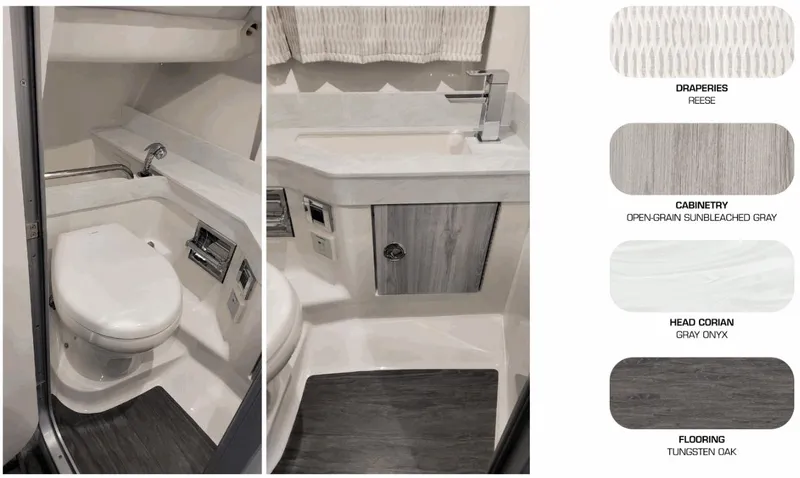 Slide: The Image of 2025 Formula 350 CBR bathroom with modern design, featuring gray cabinetry and tungsten oak flooring. - 6