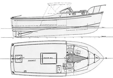 Slide: The Image of Blueprint of 1983 Fortier 26 boat, side and top views, detailed layout. - 4