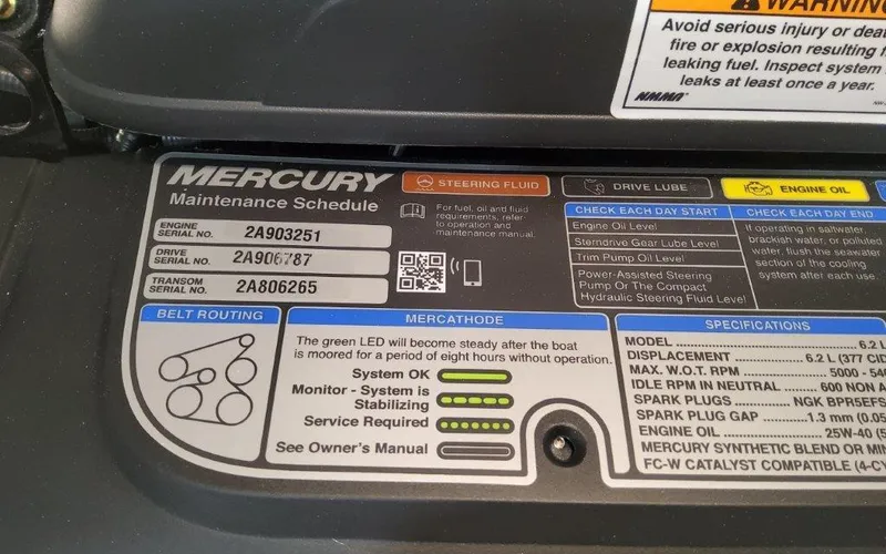 Slide: The Image of Mercury maintenance schedule label on Formula 240 BR, 2025 model, showing engine and system specifications. - 23
