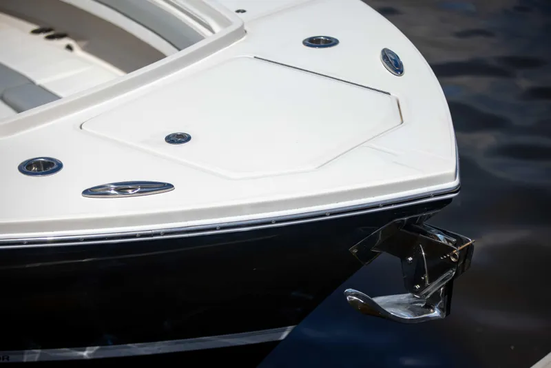 Slide: The Image of 2021 Regulator 41 boat bow detail with sleek design and chrome accents. - 11