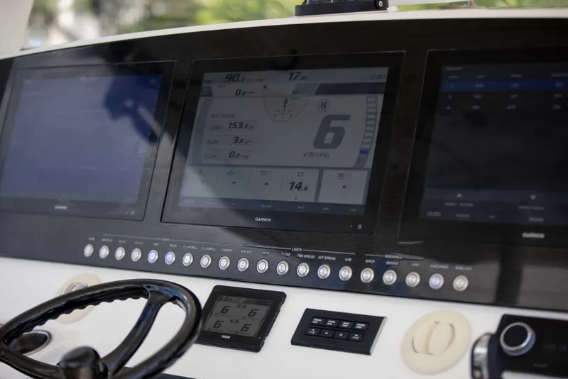 Slide: The Image of 2021 Regulator 41 boat dashboard with advanced navigation displays and controls. - 2
