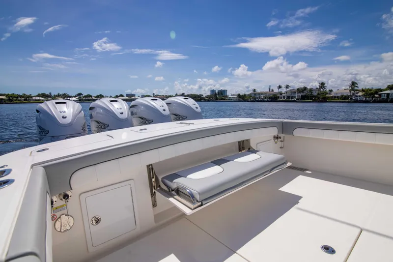 Slide: The Image of 2021 Regulator 41 boat with quad engines on a sunny day. - 33