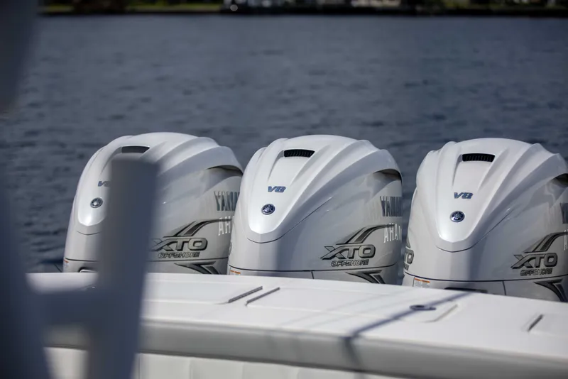 Slide: The Image of Triple Yamaha XTO V8 outboard engines on a 2021 Regulator 41 boat. - 37