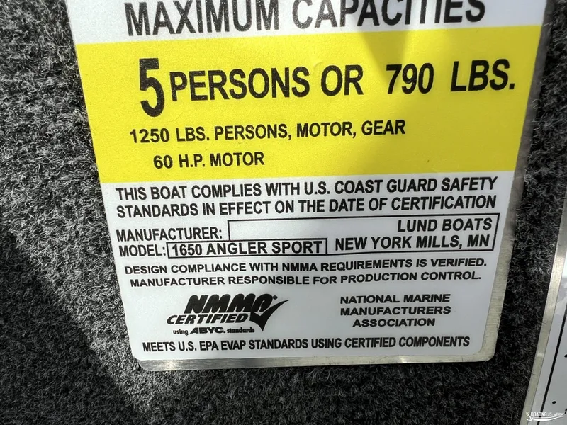 Slide: The Image of 2025 Lund 1650 Angler Sport capacity label, 5 persons or 790 lbs, NMMA certified. - 14