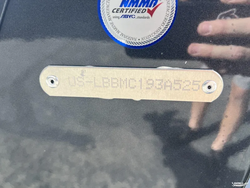 Slide: The Image of 2025 Lund 1650 Angler Sport boat identification plate with certification sticker. - 16