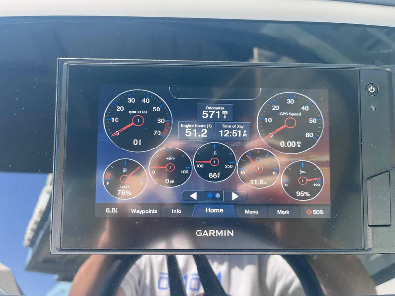 Slide: The Image of Garmin display on 2022 Regal LS2-CM showing engine metrics and GPS speed. - 14