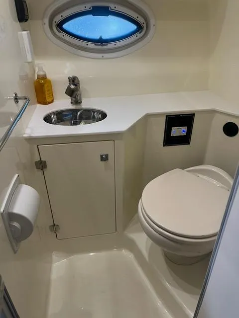 Slide: The Image of Bathroom interior of 2017 Monterey 295 Sport Yacht with sink and toilet. - 17