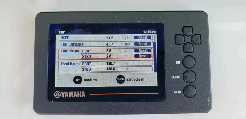 Slide: The Image of Yamaha boat display showing trip data for Sea Hunt Gamefish 25, 2020 model. - 16