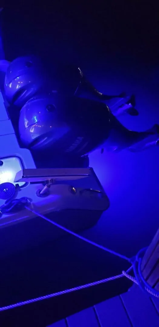 Slide: The Image of 2020 Sea Hunt Gamefish 25 boat illuminated by blue lights at night. - 24