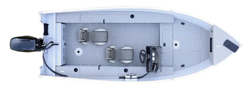 Slide: The Image of 2025 Lund 1600 Fury SS fishing boat, top view, featuring two seats and an outboard motor. - 2
