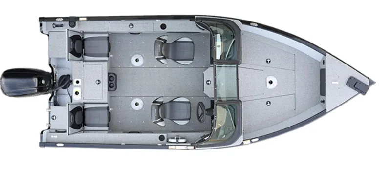 Slide: The Image of Top view of 2025 Lund 1775 Adventure SS boat layout with seating and motor. - 2