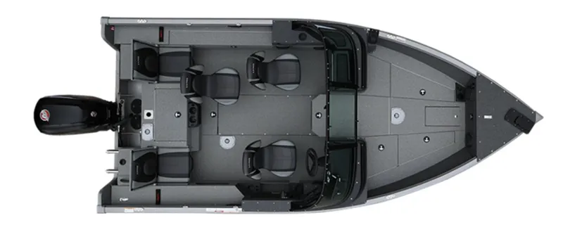 Slide: The Image of 2025 Lund 1775 Impact XS Sport boat, sleek black design, parked on gravel under a blue sky. - 2