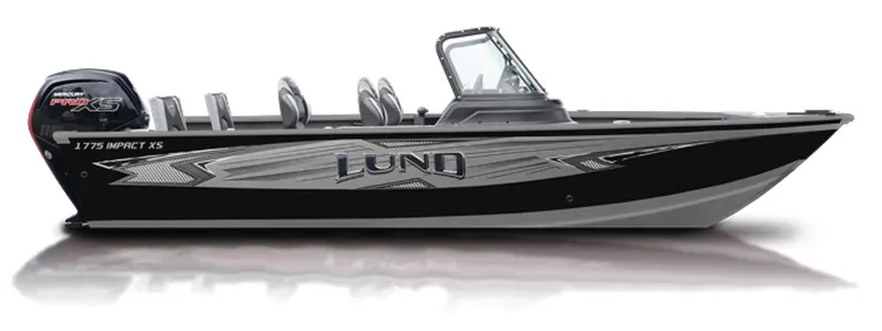 Slide: The Image of 2025 Lund 1775 Impact XS Sport boat, sleek design, black and silver exterior. - 24