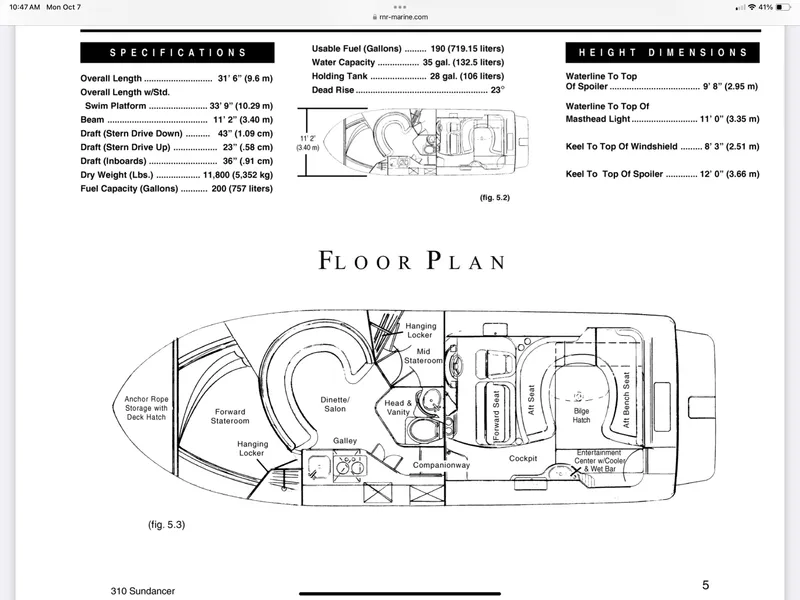 Slide: The Image of Floor plan of 1998 Sea Ray 310 boat with specifications and dimensions. - 4
