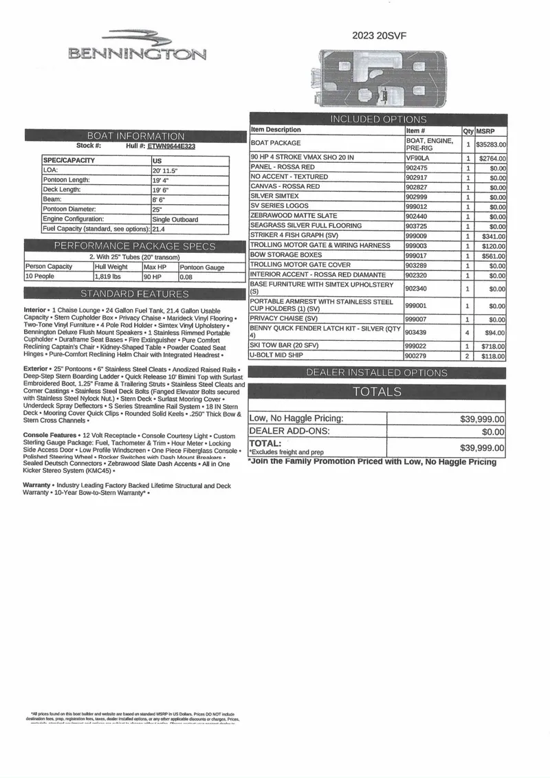 Slide: The Image of 2023 Bennington 20SVF boat specifications and pricing details, featuring included options and dealer information. - 23