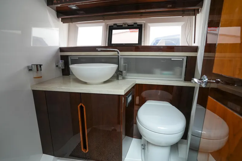 Slide: The Image of Luxurious bathroom in 2017 Galeon 43 SKY yacht with modern fixtures and elegant design. - 37
