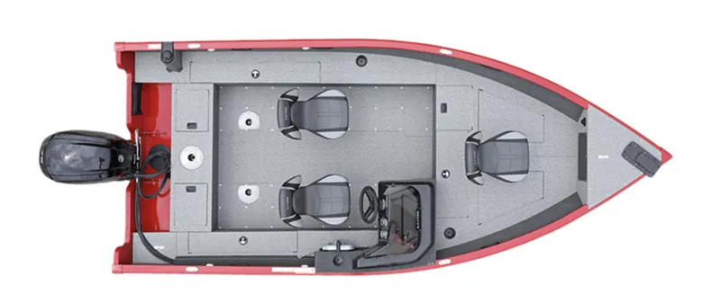 Slide: The Image of 2025 Lund 1650 Rebel XL SS Blackout boat, top view, red and gray design. - 2