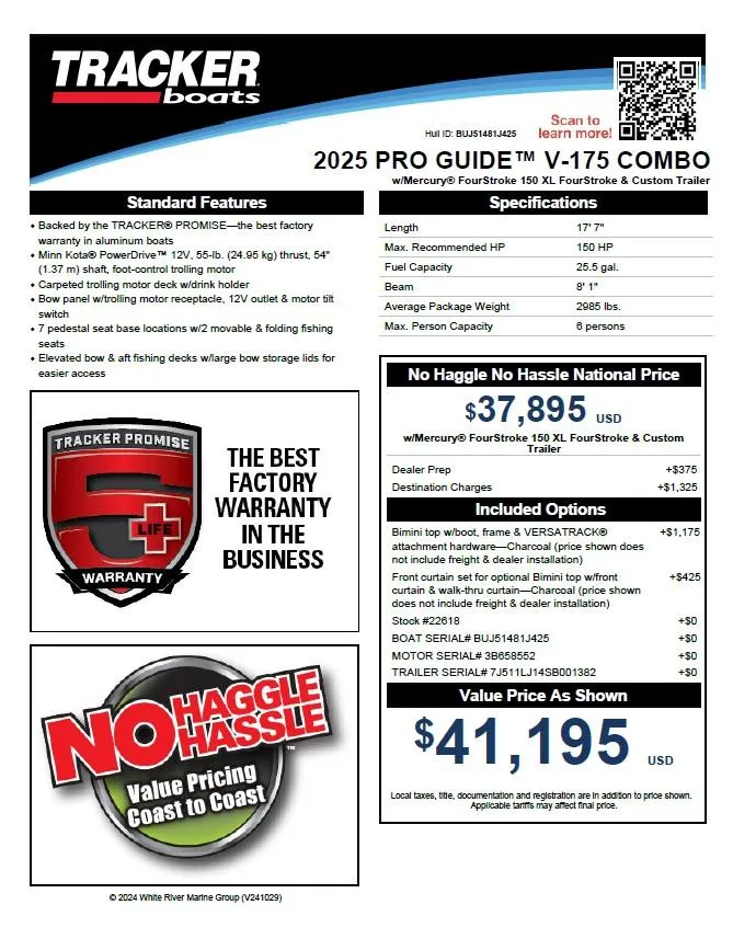 Slide: The Image of 2025 Tracker Pro Guide V-175 WT boat features, pricing, and warranty details. - 88