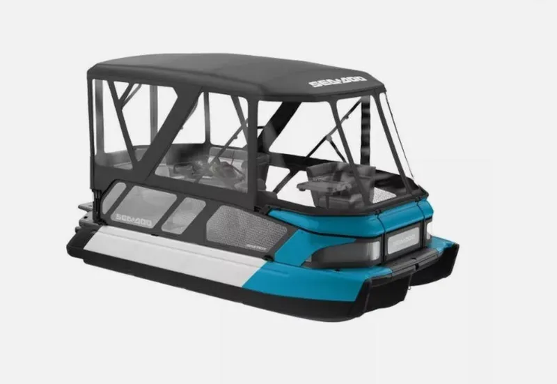 Slide: The Image of 2023 Sea-Doo Switch® Cruise 18-230 hp pontoon boat with canopy, blue and black design. - 4